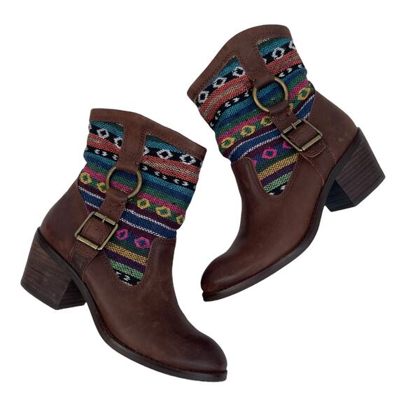 Lucky Brand Shoes - Lucky Brand Boxer Brown Santiago Rustic Native Fabric Leather Heel Boots Size 8